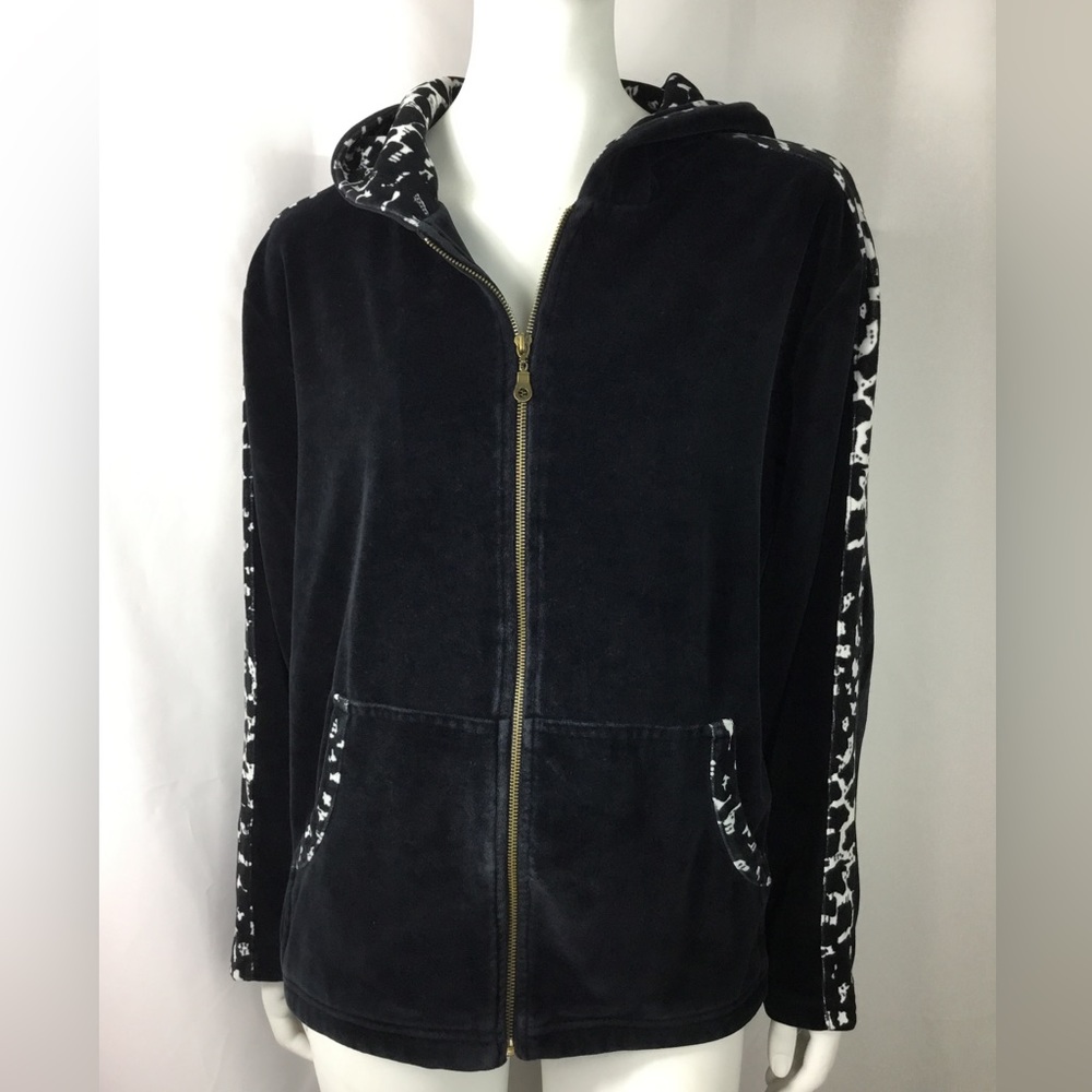 Black Velour Sweat Track Sweater Hooded Animal Print Side Stripe Women’s Size L